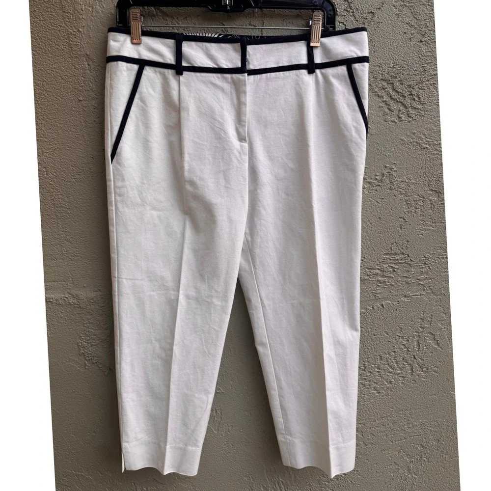 Milly of New York Womens White Navy Trim Cropped Pants SZ 10 Nautical Coastal - Picture 2 of 9